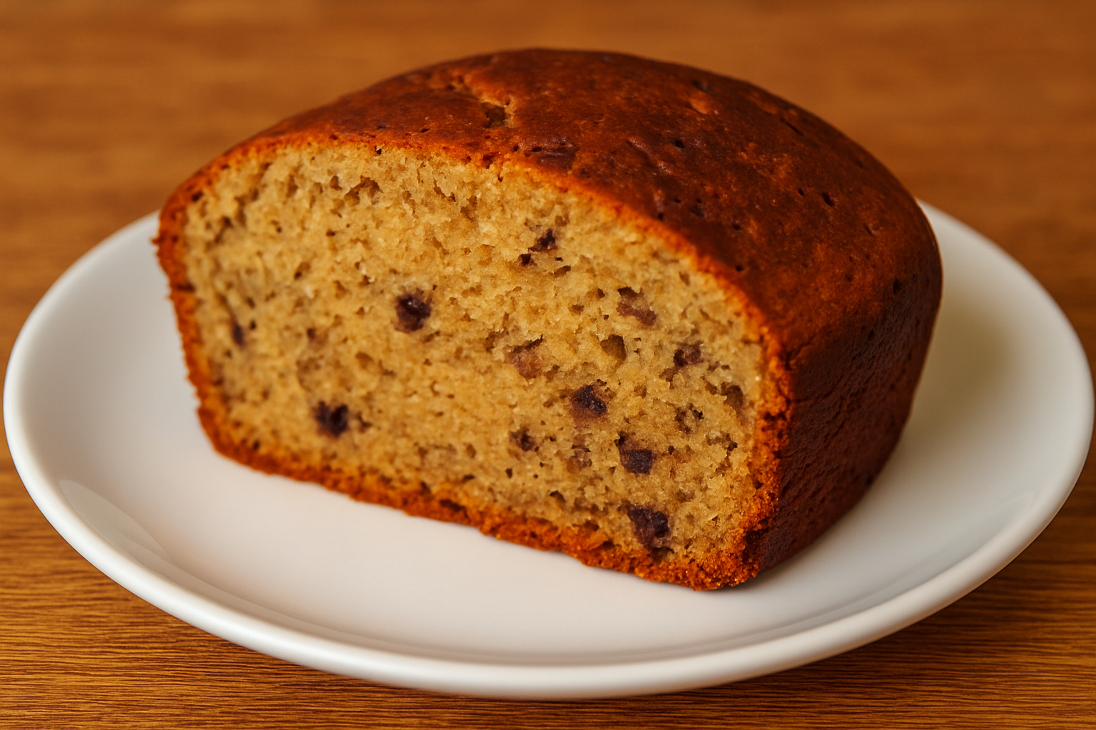 Homemade banana bread in a round cake tin, golden and moist